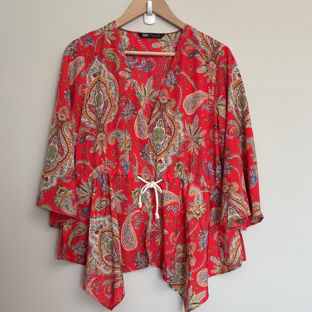 Zara Orange Paisley Print Kimono Style Blouse Large